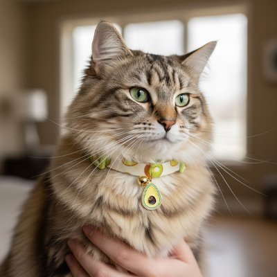 Chat tigré collier kiwi vert clochette dorée