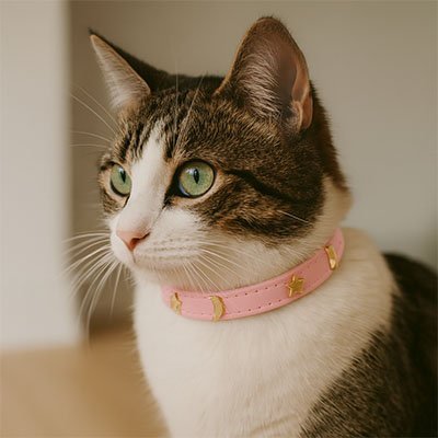Chat tigré collier rose étoiles dorées