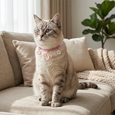 Chat tigré collier rose pendentif fleurs canapé