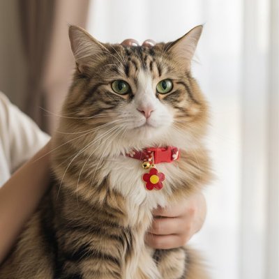 Chat tigré collier rouge fleur