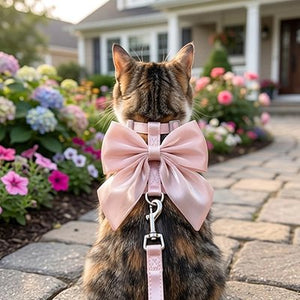 Chat tigré de dos dans un jardin fleuri portant un harnais pour chat rose avec grand nœud papillon et laisse