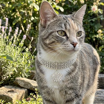 Chat tigré élégant portant un collier strass blanc dans un jardin fleuri 