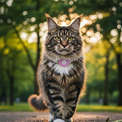 "Chat tigré avec collier GPS rose en extérieur"