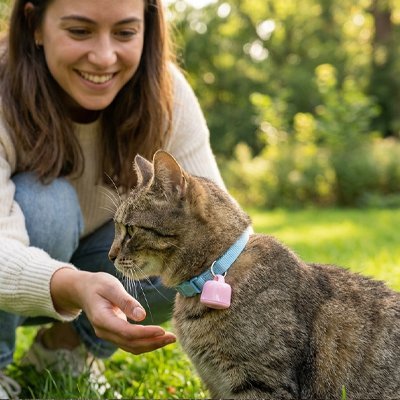 "Chat tigré équipé d'un traceur GPS chat rose avec médaille, nourri par sa propriétaire en extérieur"