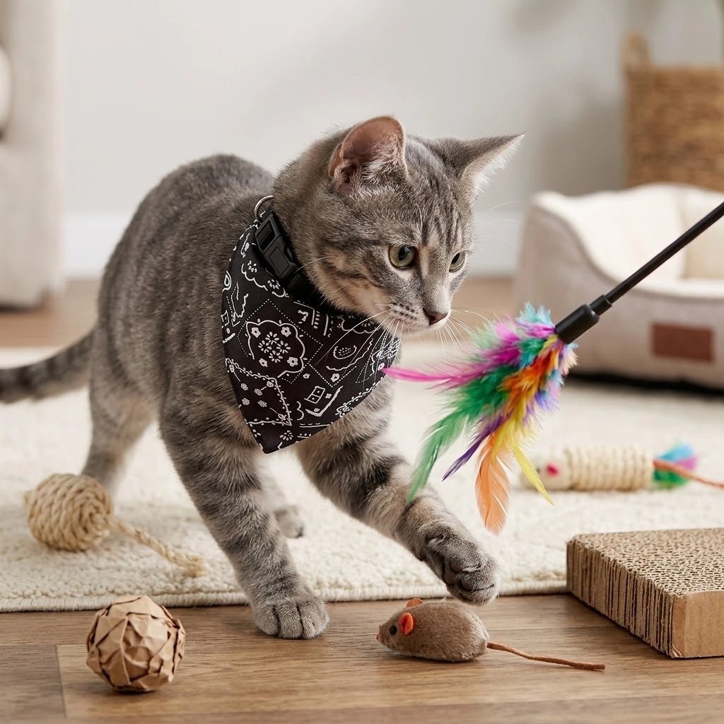 Chat tigré gris portant un bandana pour chat noir à motifs blancs, en train de jouer avec une canne à plumes