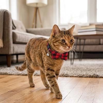 Chat tigré marchant avec un collier nœud papillon à carreaux rouge et clochette