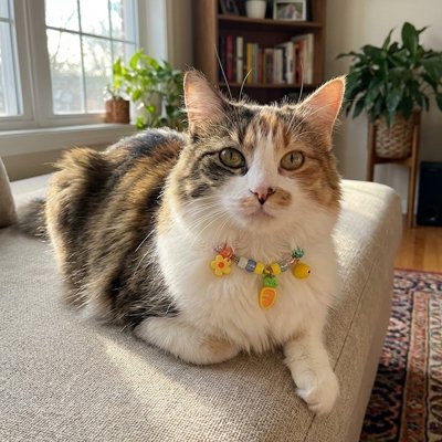 "Chat tigré portant un collier chat jaune avec breloques et médaille d'identification à la maison"