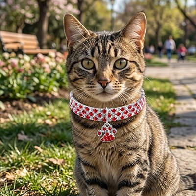 Chat tigré portant un collier rouge à motifs avec pendentif patte dans un parc
