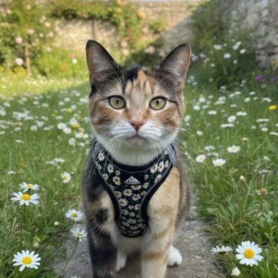 Chat tigré portant un harnais chat confortable dans un jardin fleuri de marguerites