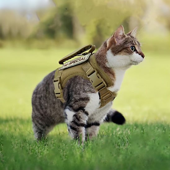 Chat tigré portant un harnais tactique SPECIAL dans l'herbe"