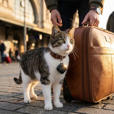 "Chat tigré portant un traceur GPS chat avec médaille au collier, prêt pour le voyage en gare"