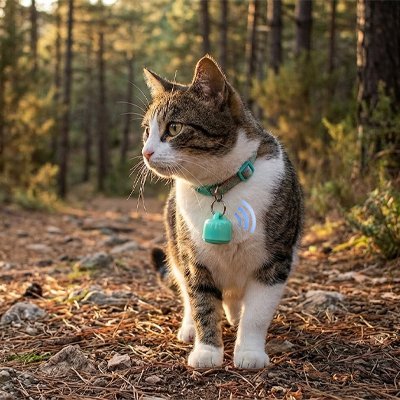  "Chat tigré portant un traceur GPS chat bleu avec médaille au collier, surveillé par son propriétaire"