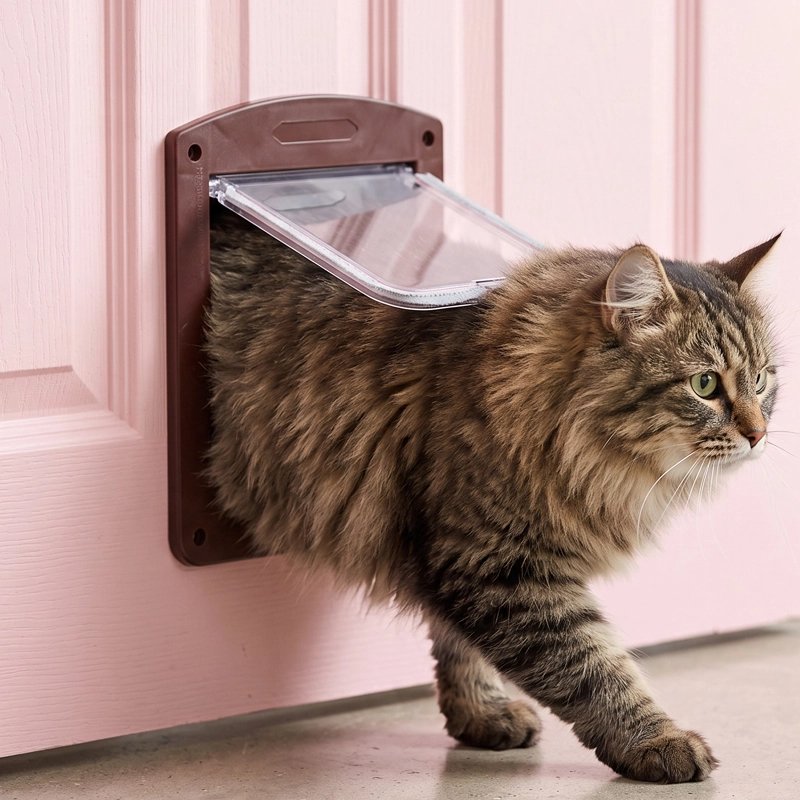 Chat tigré traversant une chatière pour chat marron, porte rose pastel