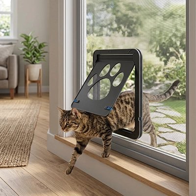 Chat traversant une chatière à volet installée sur porte-fenêtre