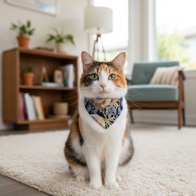 Chat tricolore avec bandana chat bleu motifs fleurs assis sur tapis