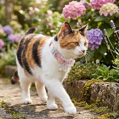 Chat tricolore avec collier papillon rose dans un jardin fleuri