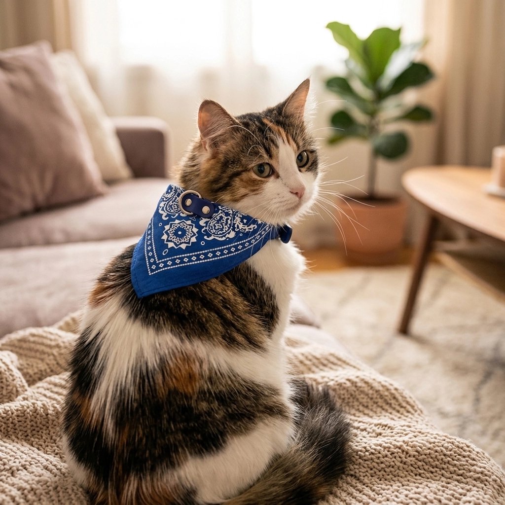 Chat tricolore blanc, noir et roux portant un bandana pour chat bleu à motifs cachemire, assis sur un plaid