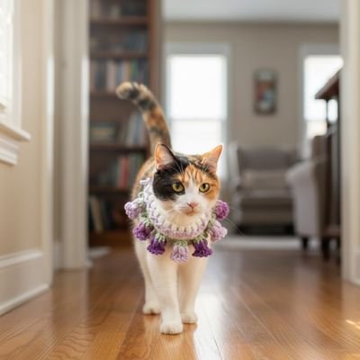 Chat tricolore marchant dans un couloir avec un collier crochet violet à pompons
