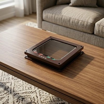 Chatière pour chat 4 positions marron avec panneau de contrôle posée sur une table en bois