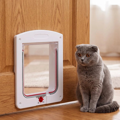 Chatière pour chat blanche installée sur porte en bois, chat Scottish Fold gris assis à côté