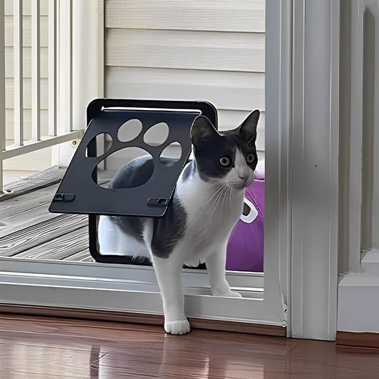 Chat utilisant chatière porte vitrée