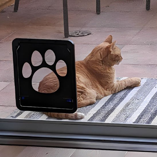 Chat roux utilisant la chatière noire sur terrasse