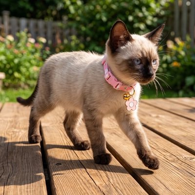 Chaton au pelage crème et brun portant un collier rose avec clochette dorée et pendentif fleur, marchant sur une terrasse en bois