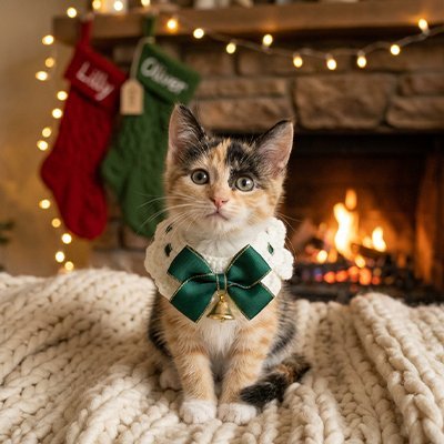 Chaton avec collier de Noël vert et clochette dorée