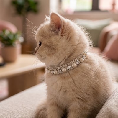 Chaton beige de profil avec collier chat perles strass dans salon