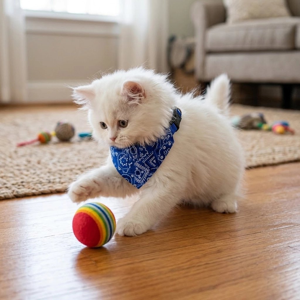 Chaton blanc au poil long portant un bandana pour chat bleu à motifs cachemire, jouant avec une balle arc-en-ciel
