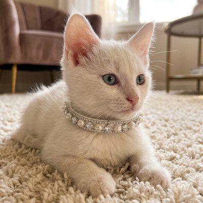 Chaton blanc portant un collier chat perles et strass sur tapis