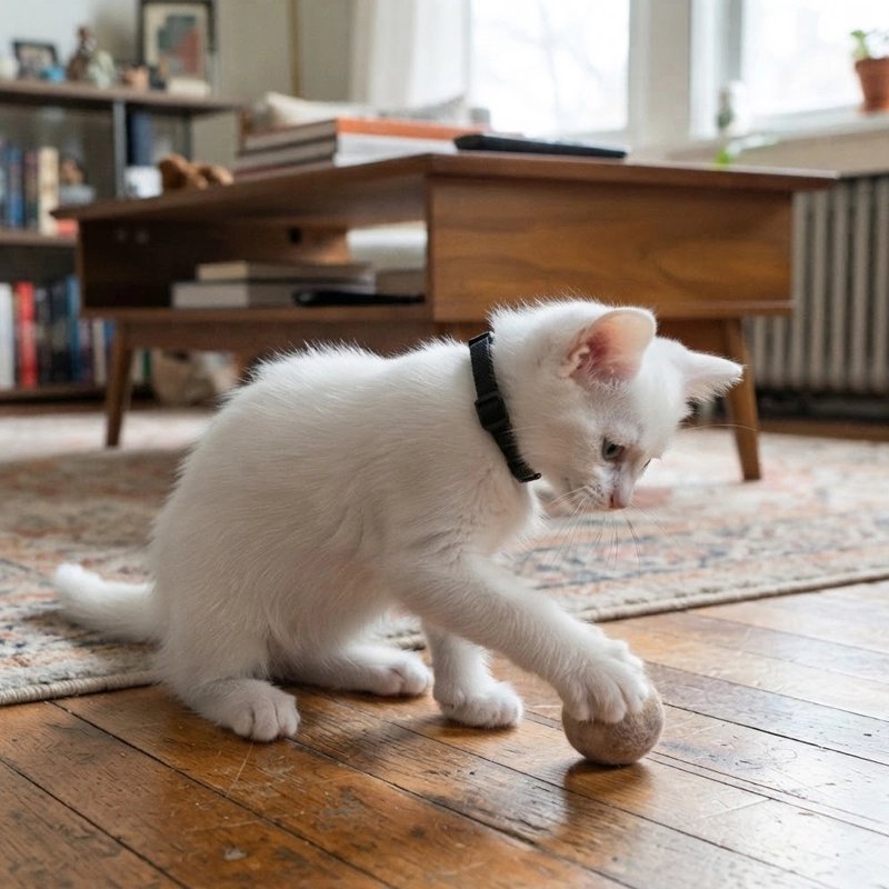Chaton blanc portant un collier noir qui joue avec une balle sur un parquet
