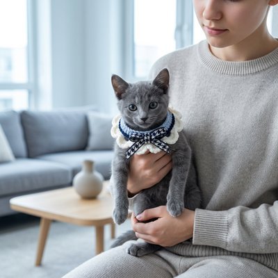Chaton bleu russe avec collier collerette dentelle et ruban pied-de-poule bleu marine