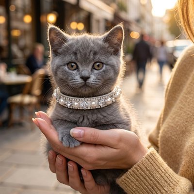 Chaton gris British Shorthair avec collier chat élégant perles diamants en ville