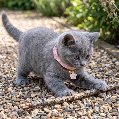 Chaton gris portant un collier rose avec clochette dorée et pendentif fleur