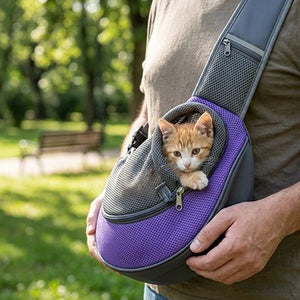 Chaton roux dans un sac de transport pour chat bandoulière violet mesh dans un parc