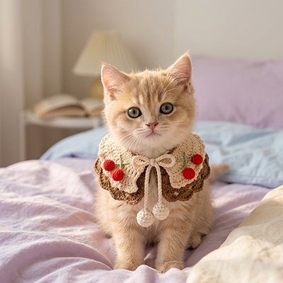 Chaton roux sur lit avec collier chat crème et marron à cerises