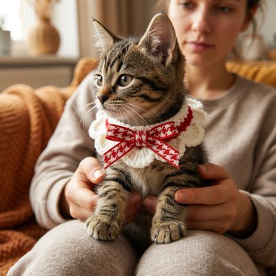 Chaton tabby avec collier collerette blanche et nœud à carreaux rouge dans les bras de sa maîtresse