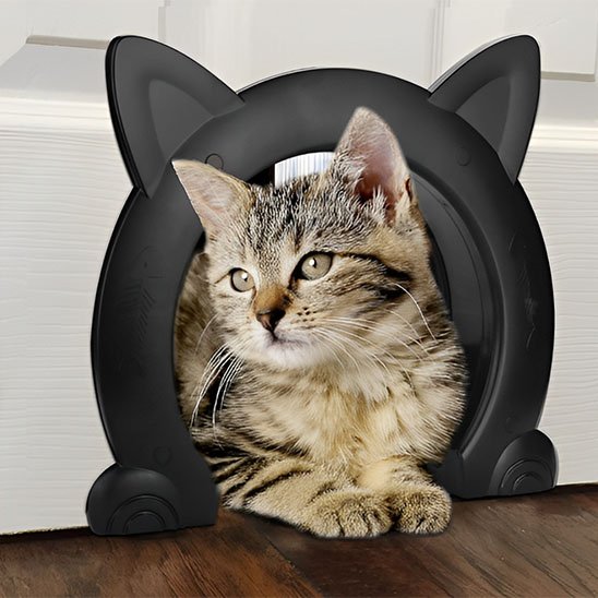 Chaton tigré découvrant une chatière noire design avec tunnel sécurisé pour petits chats