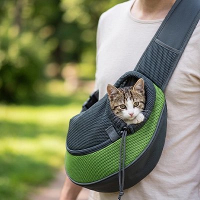  Chaton tigré regardant à l'extérieur d'un sac de transport vert porté en bandoulière dans un parc