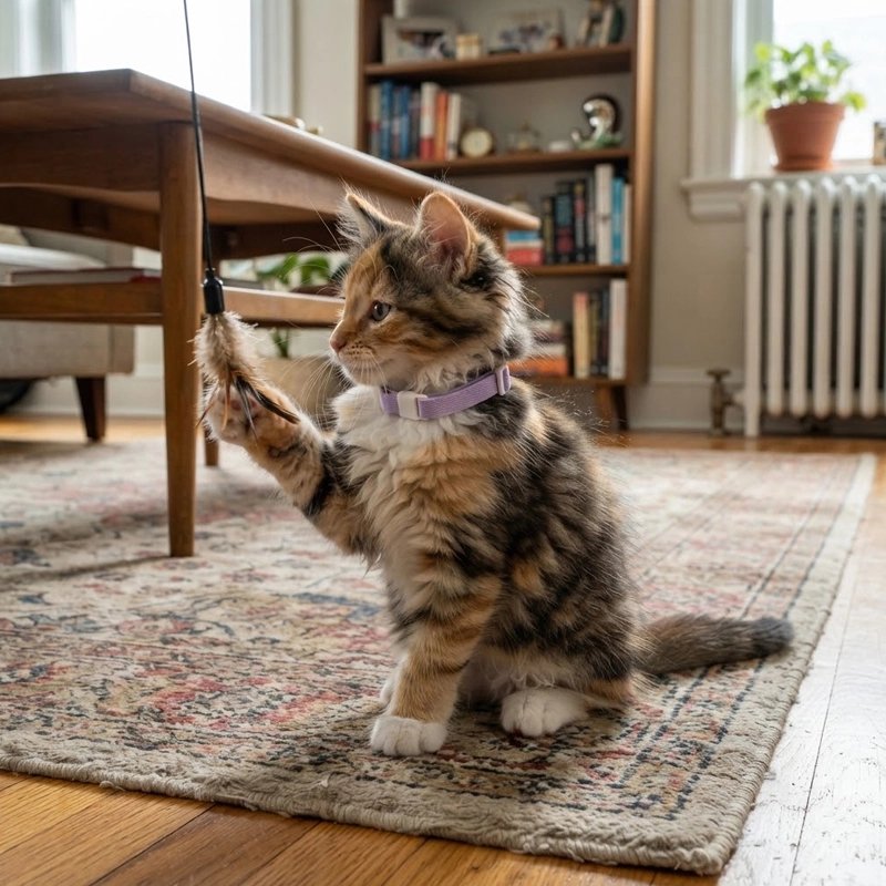 Chaton tricolore avec un collier violet jouant avec une plume sur un tapis
