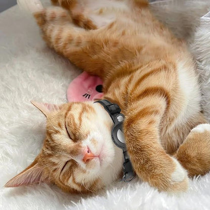 Collier AirTag confortable pour chat - chat roux endormi sur tapis blanc moelleux