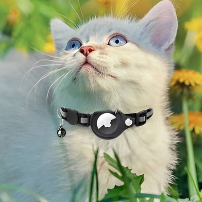 Collier AirTag pour chat avec clochette - chaton blanc aux yeux bleus dans les fleurs