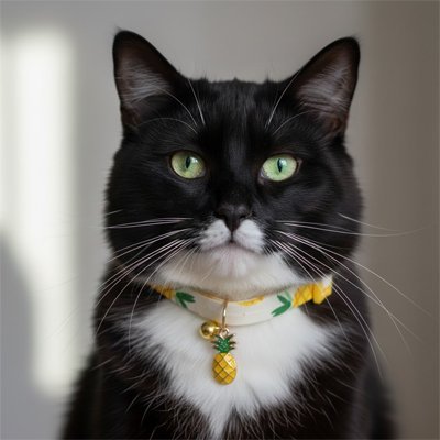  Collier chat ananas noir et blanc avec clochette dorée