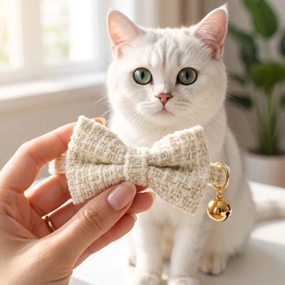 Collier chat avec nœud papillon blanc et clochette dorée, tenu devant un chat blanc