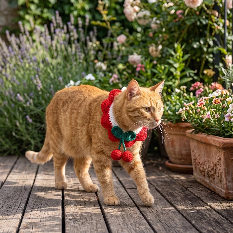 Collier chat collerette crochet motif cerises, porté par un chat roux marchant dans un jardin fleuri