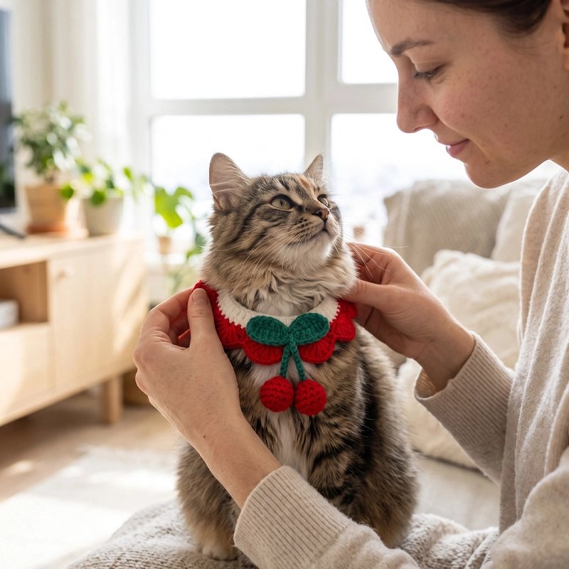 Collier chat collerette crochet motif cerises rouge et blanc, ajusté par une femme sur un chat tigré à l'intérieur