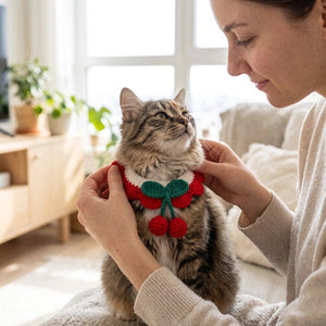 Collier chat collerette crochet motif cerises rouge et blanc, ajusté par une femme sur un chat tigré à l'intérieur