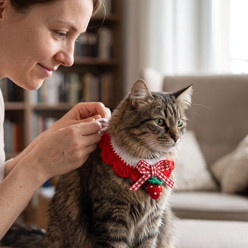 Collier chat collerette crochet motif fraise, ajusté par une femme sur un chat tigré dans un salon