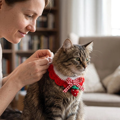 Collier chat collerette crochet motif fraise, ajusté par une femme sur un chat tigré dans un salon